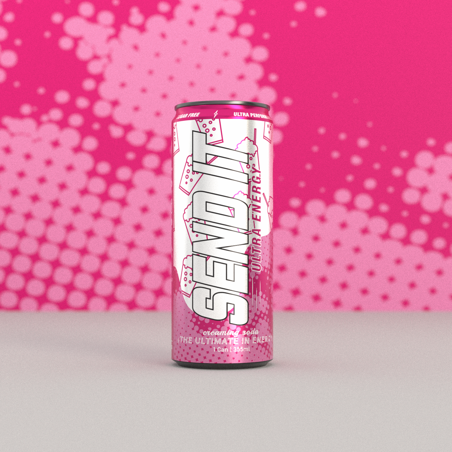 Pink energy drink can with 'Send It' branding on a pink background