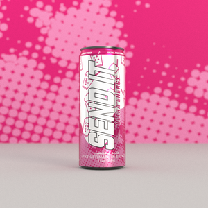 Pink energy drink can with 'Send It' branding on a pink background