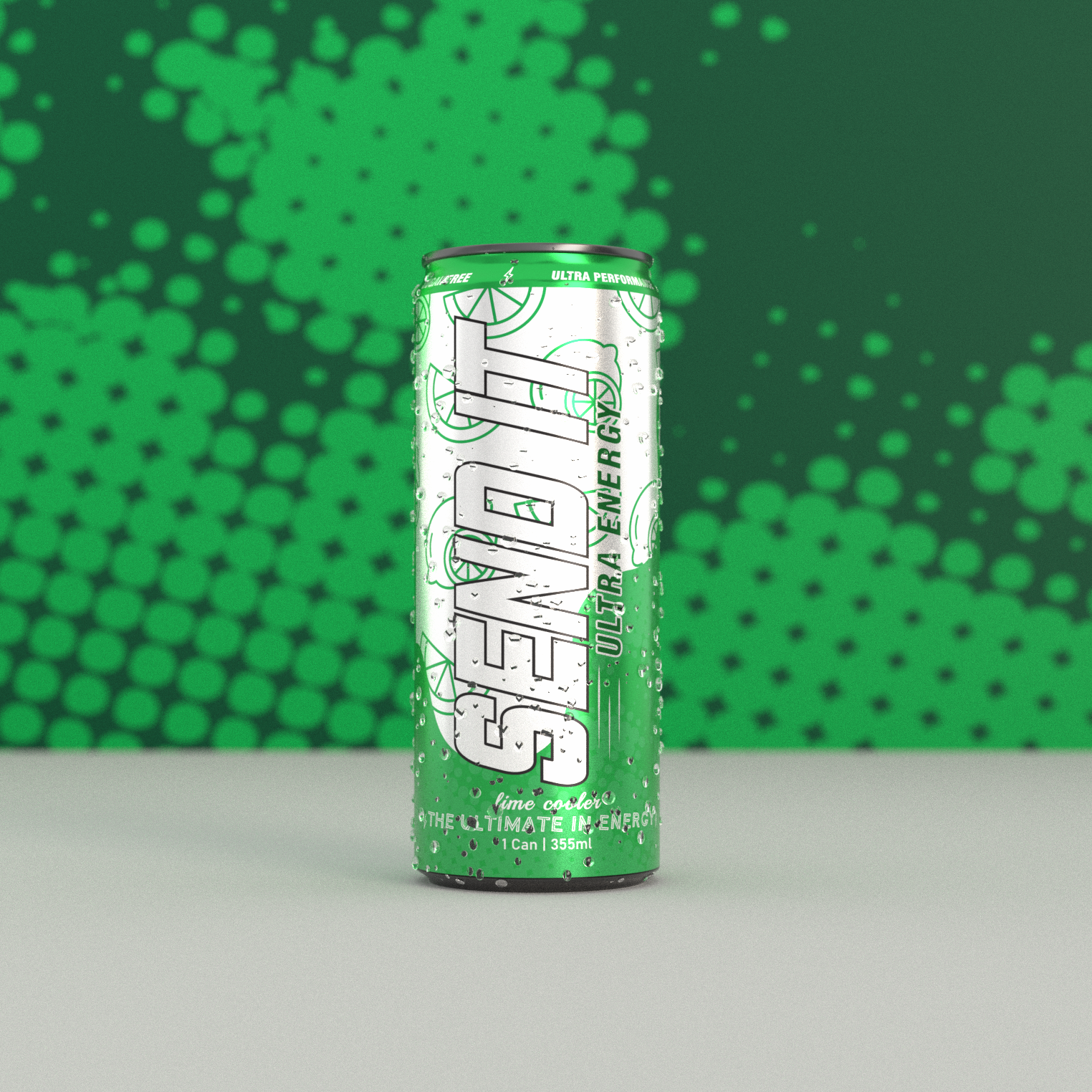 Green energy drink can with 'Sendit' branding against a green patterned background
